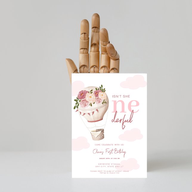 Invitation Ballon à air chaud rose floral 1er anniversaire (Créateur téléchargé)