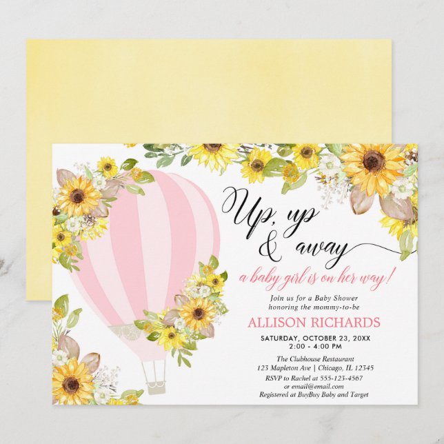 Invitation Ballon à air chaud rose jaune tournesol fille bébé (Devant / Derrière)