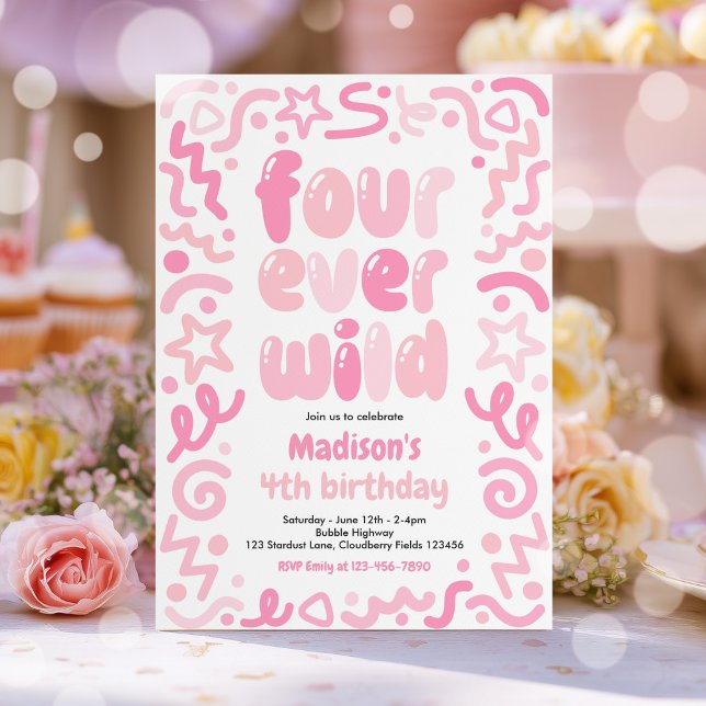 Invitation Ballon à confettis Four Ever Wild 4e anniversaire  (Créateur téléchargé)
