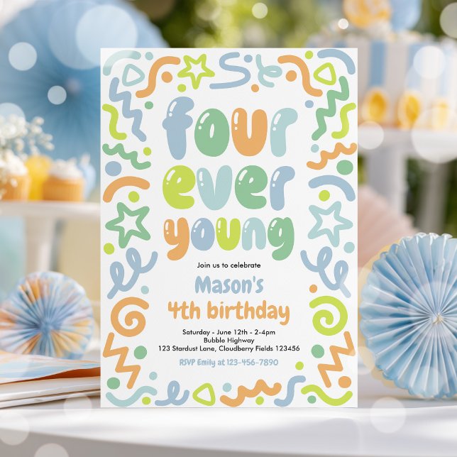 Invitation Ballon à confettis Four Ever Young 4e anniversaire (Créateur téléchargé)
