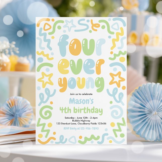 Invitation Ballon à confettis Four Ever Young 4e anniversaire (Créateur téléchargé)