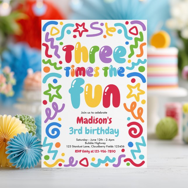 Invitation Ballon à confettis Trois Fois Plus de Fun 3e Anniv (Créateur téléchargé)