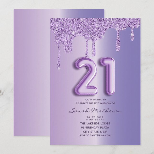 Invitation Ballon à script avec gouttes de paillettes violett (Devant / Derrière)