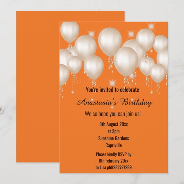 INVITATION BALLON AMUSANT ORANGE CLAIR ANNIVERSAIRE (Devant / Derrière)