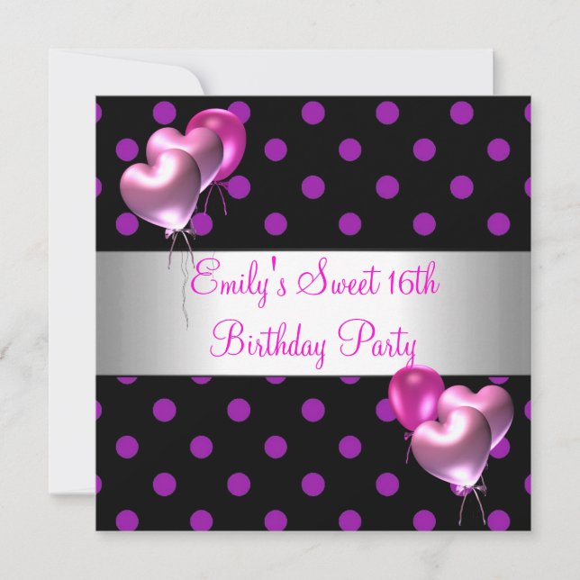 Invitation Ballon Anniversaire Rose Violet Argent 16 ans (Devant)