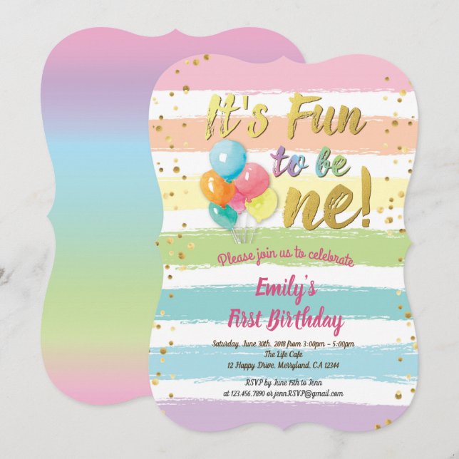 Invitation Ballon arc-en-ciel premier anniversaire (Devant / Derrière)