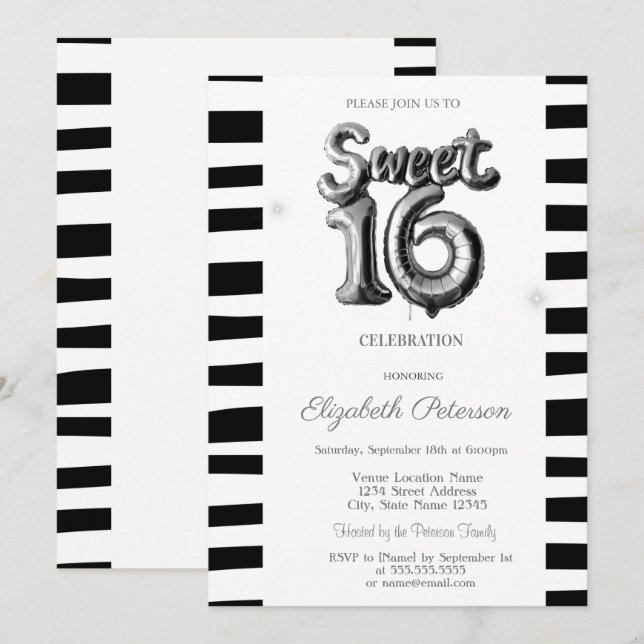 Invitation Ballon Argent Rayé Noir Sweet 16  (Devant / Derrière)