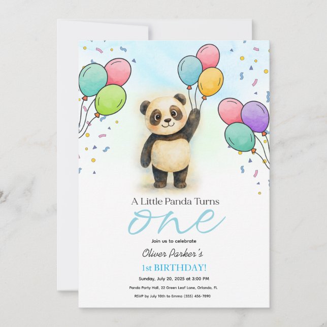 Invitation Ballon Bébé Panda Fête 1er Anniversaire Bleu (Devant)