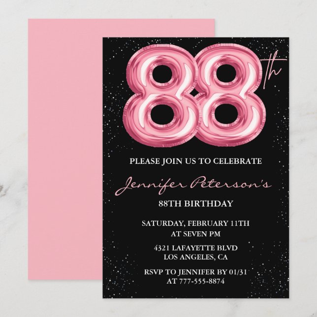Invitation Ballon Black Pink Glam 88e anniversaire (Devant / Derrière)