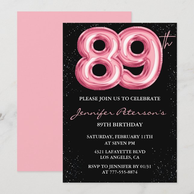 Invitation Ballon Black Pink Glam 89e anniversaire (Devant / Derrière)
