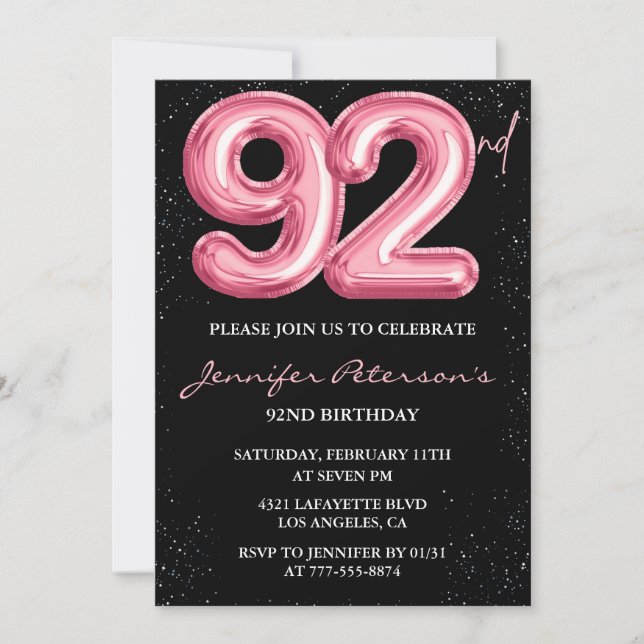 Invitation Ballon Black Pink Glam 92e anniversaire (Devant)