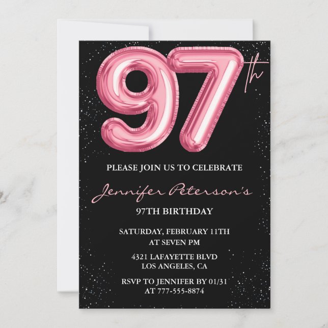 Invitation Ballon Black Pink Glam 97e anniversaire (Devant)