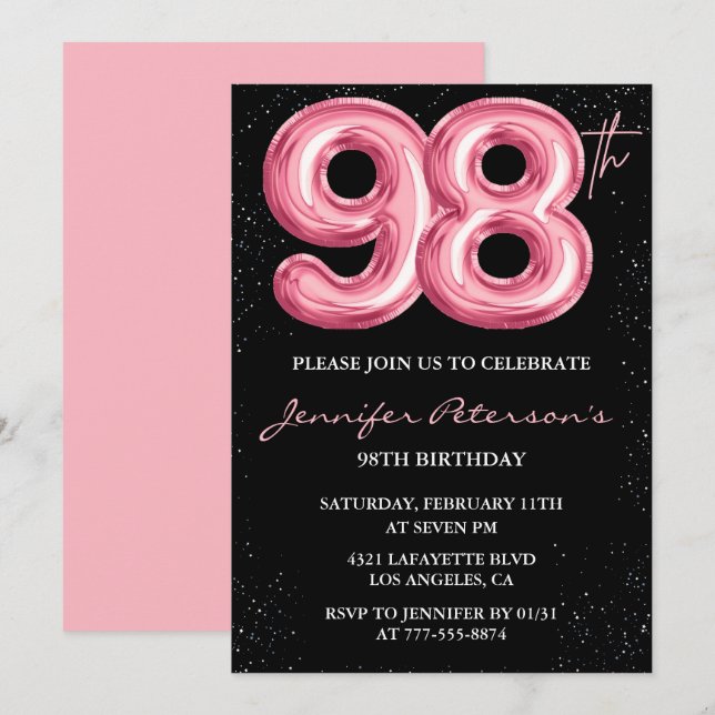 Invitation Ballon Black Pink Glam 98e anniversaire (Devant / Derrière)