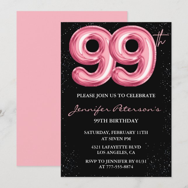 Invitation Ballon Black Pink Glam 99e anniversaire (Devant / Derrière)