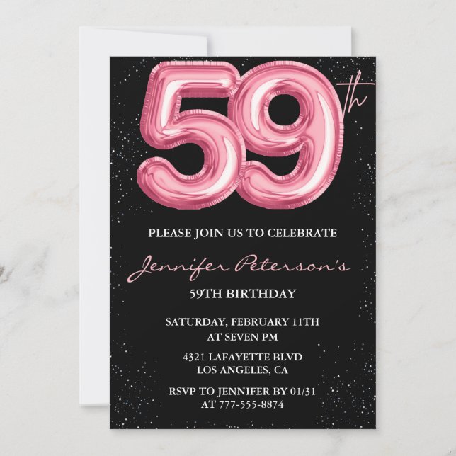 Invitation Ballon Black Pink Glam Glitter 59e anniversaire (Devant)