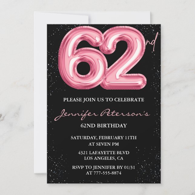 Invitation Ballon Black Pink Glam Glitter 62e anniversaire (Devant)