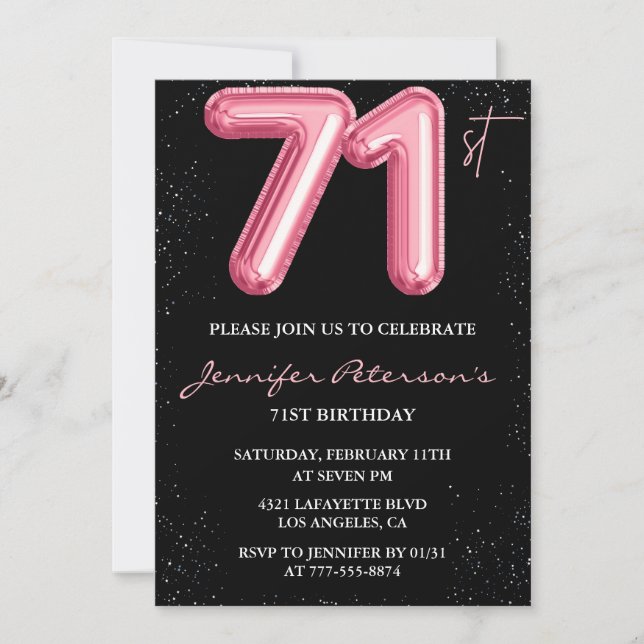 Invitation Ballon Black Pink Glam Glitter 71e anniversaire (Devant)
