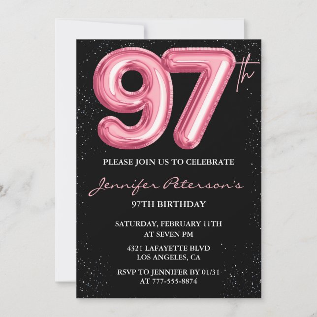 Invitation Ballon Black Pink Glam Glitter 97e anniversaire (Devant)