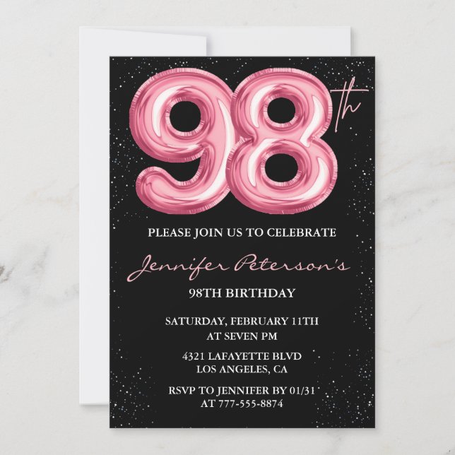 Invitation Ballon Black Pink Glam Glitter 98e anniversaire (Devant)