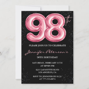 Invitation Ballon Black Pink Glam Glitter 98e anniversaire