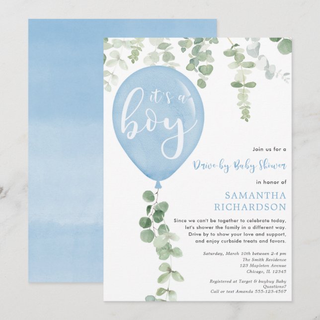 Invitation Ballon bleu à baby shower de voiture eucalyptus (Devant / Derrière)