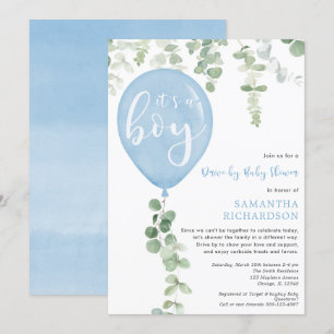 Invitation Ballon bleu à baby shower de voiture eucalyptus