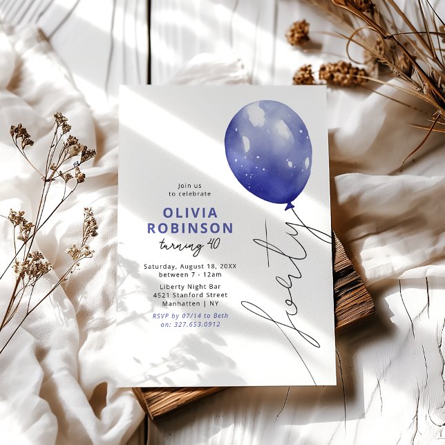 Invitation Ballon Bleu Tendance 40e Anniversaire (Créateur téléchargé)