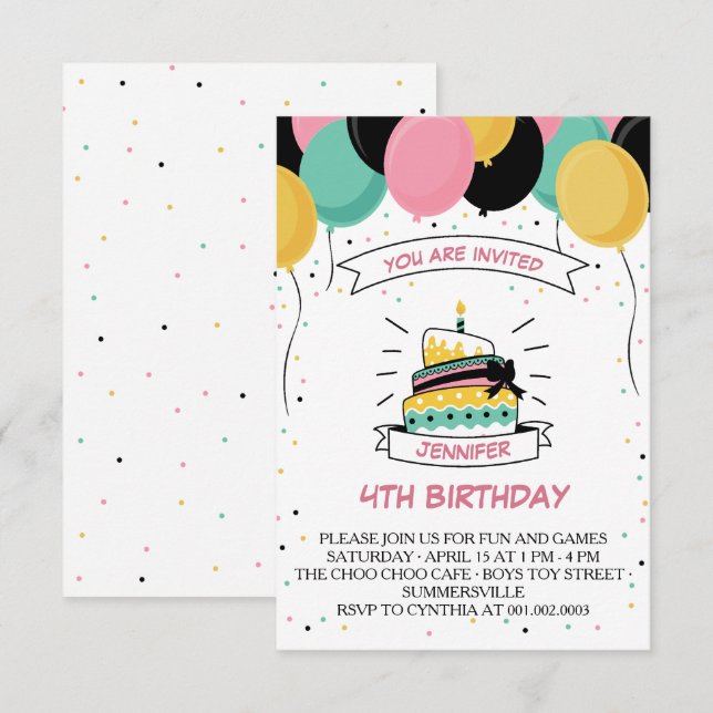 INVITATION BALLON CAKE CANDLE KID'S BANTHDAY PARTY (Devant / Derrière)