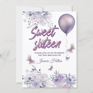 Invitation Ballon chic papillon floral sweet sixteen lilas
