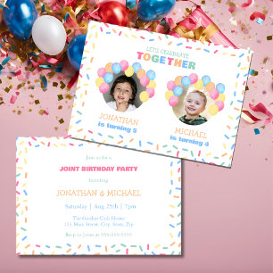 Invitation Ballon Confetti Coloré Photo Double Anniversaire