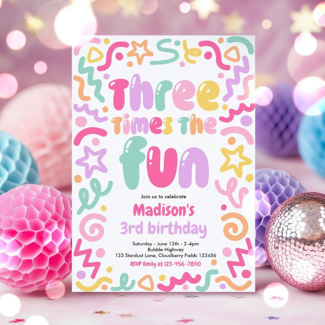 Invitation Ballon confetti Trois Fois Plus de Fun 3e Annivers (Créateur téléchargé)