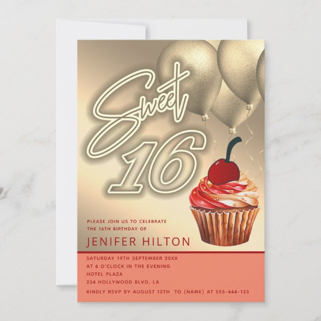 Invitation ballon cool or whimsy cupcake neon doux 16 (Devant)