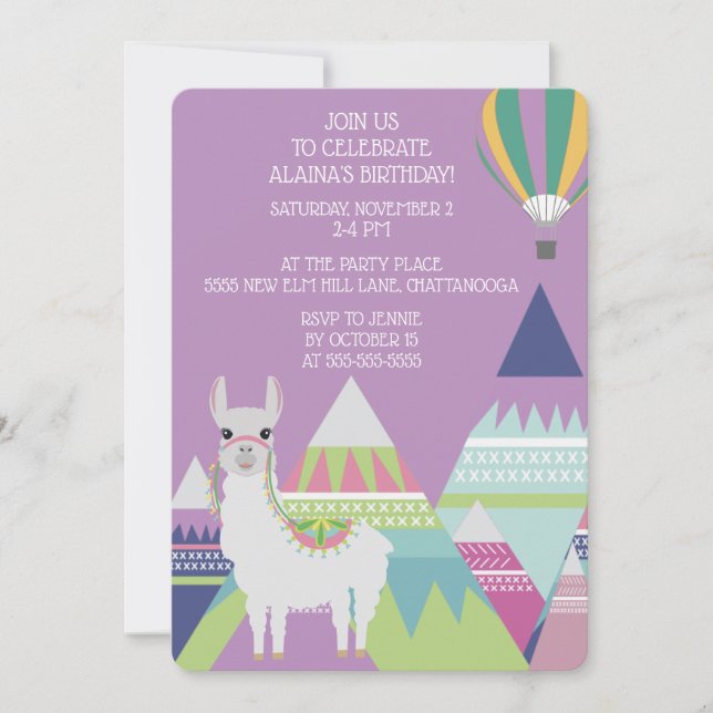 Invitation Ballon d'Alpaca Violet Fête d'anniversaire de Peti (Devant)