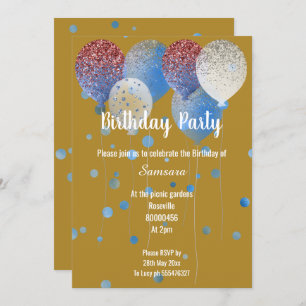 INVITATION BALLON D'ANNIVERSAIRE D'OR ROUGE BLANC ET BLEU