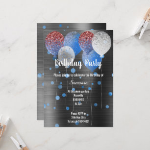 INVITATION BALLON D'ANNIVERSAIRE EN MÉTALLIQUE NOIRE ET BLEU