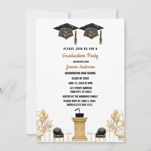 Invitation Ballon d'aquarelle et casquette Graduation Party (Devant)