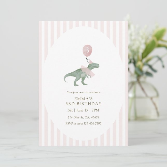 Invitation Ballon de dinosaure Rex Trois Rose Troisième Anniv (Debout devant)