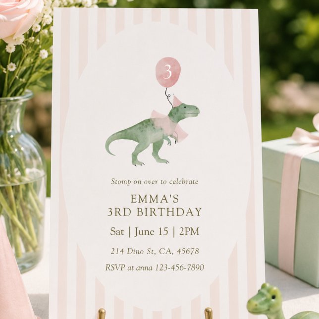 Invitation Ballon de dinosaure Rex Trois Rose Troisième Anniv (Créateur téléchargé)