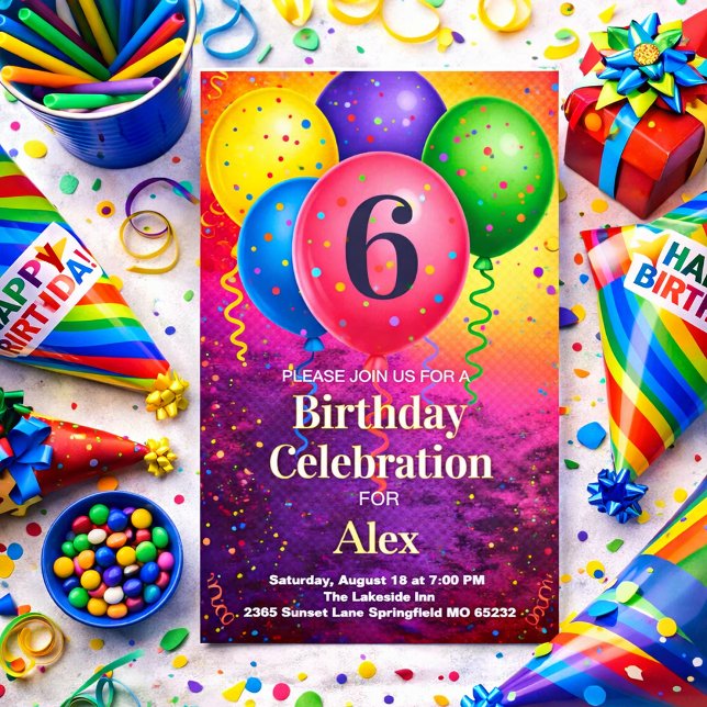 Invitation Ballon de fête d'anniversaire Arc-en-ciel Confetti (Créateur téléchargé)