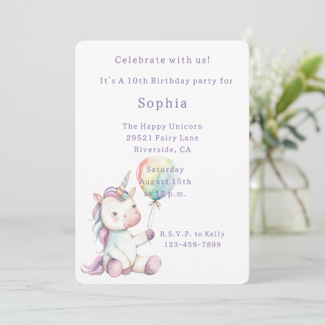 Invitation Ballon de fête d'anniversaire Licorne Blanche Viol (Debout devant)