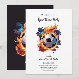 Invitation Ballon de football volant avec flammes.