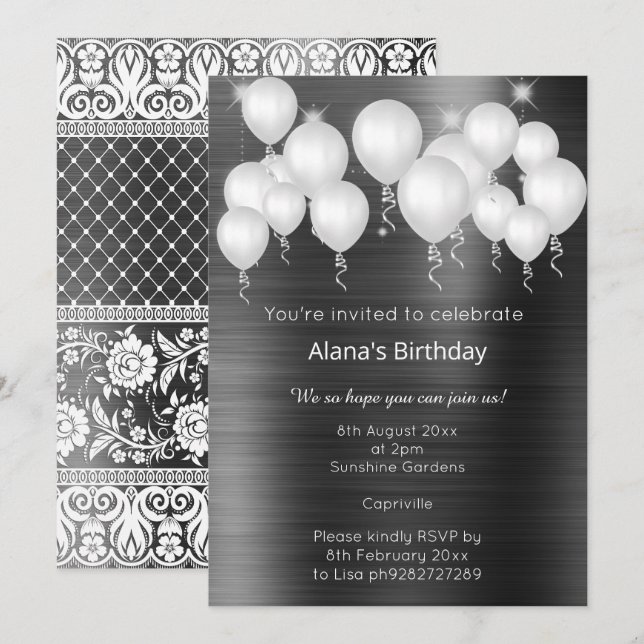 INVITATION BALLON DE LACE LUXE MÉTALLIQUE NOIR ANNIVERSAIRE (Devant / Derrière)