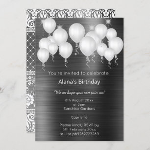 INVITATION BALLON DE LACE LUXE MÉTALLIQUE NOIR ANNIVERSAIRE