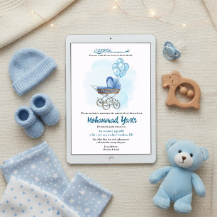 Invitation Ballon de landaueuse bleu naissance de bébé musulm
