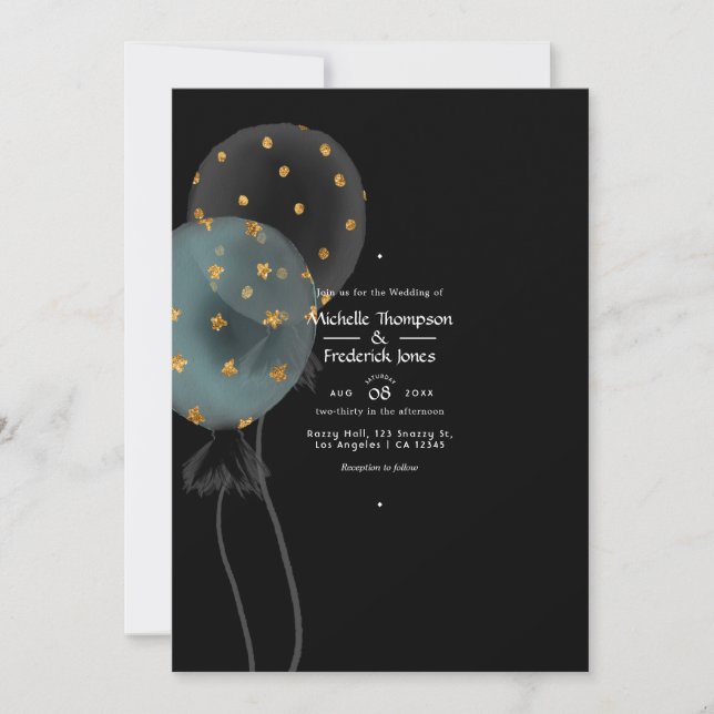 Invitation Ballon de mariage pailleté noir et or (Devant)