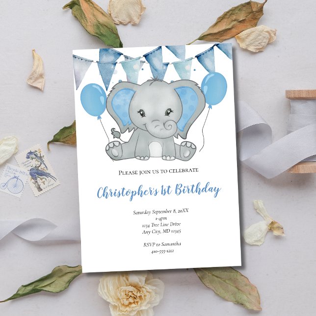 Invitation Ballon éléphant bleu bébé garçon 1er Premier Anniv (Blue Elephant Balloons Banner 1st Birthday Invitation for Baby Boy)