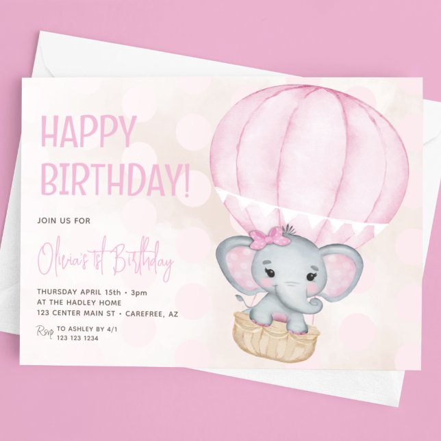 Invitation Ballon Éléphant Rose Mignon 1er Anniversaire (Créateur téléchargé)