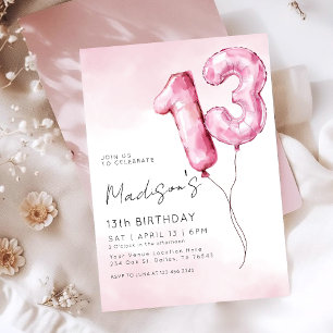 Invitation Ballon en feuille de couleur rose aquarelle pour 1