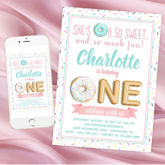 Invitation Ballon en feuille de donut fille premier anniversa