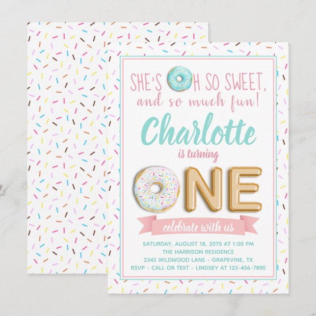 Invitation Ballon en feuille de donuts pour filles 1er annive (Devant / Derrière)